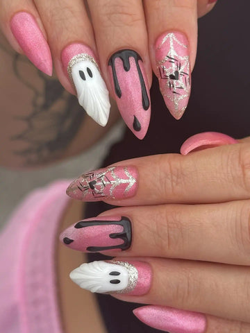 Handmade Pink Ghost Drip Spider Glitter Halloween Spooky Press on Nails V14
