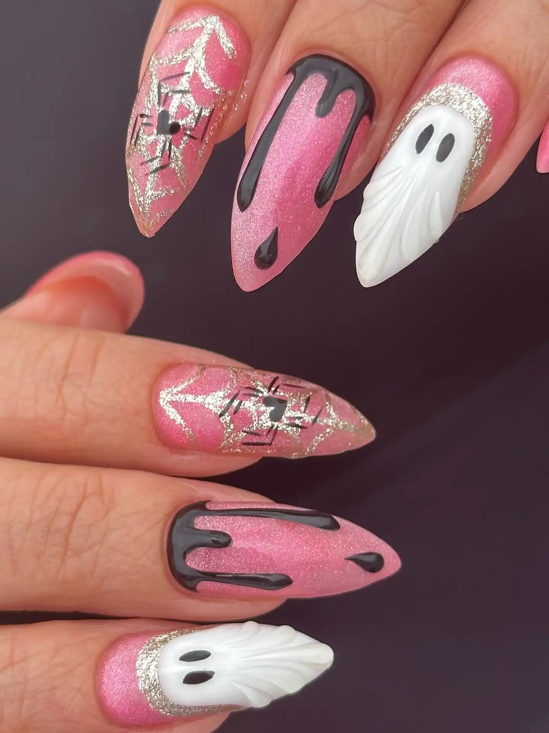 Handmade Pink Ghost Drip Spider Glitter Halloween Spooky Press on Nails V14
