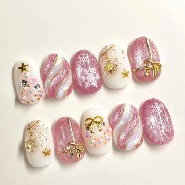 Handmade Pink Glitter Snowflake Bow Gold Star Winter Holiday Press on Nails Z59
