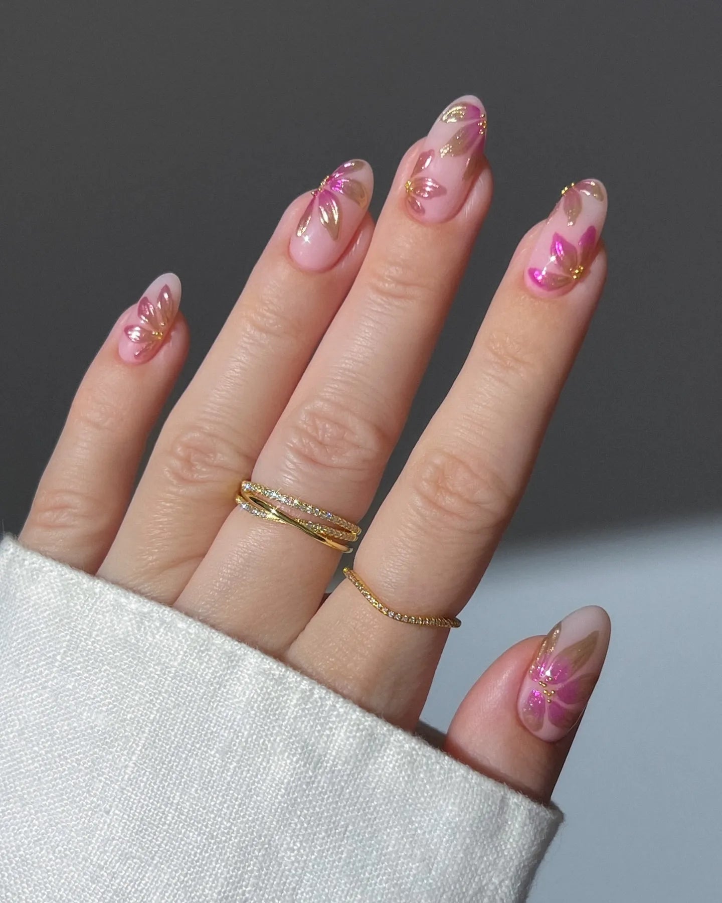 Handmade Pink Gold Foil Floral Leaf Design Press on Nails T05