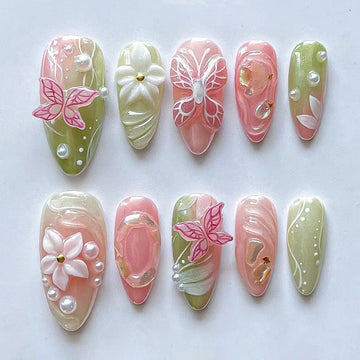 Handmade Pink Green Butterfly Floral Pearl Spring Press on Nails K23