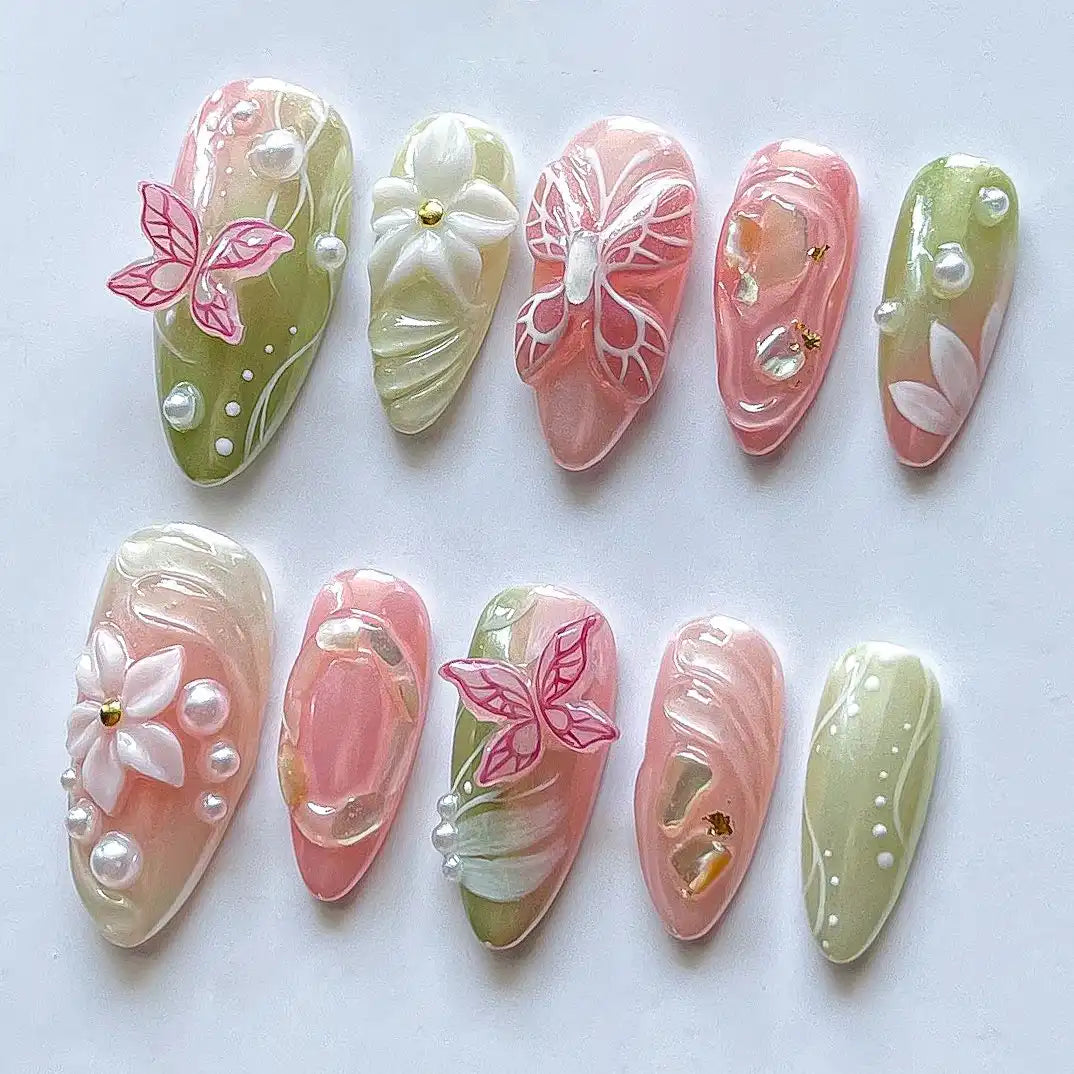 Handmade Pink Green Butterfly Floral Pearl Spring Press on Nails K23
