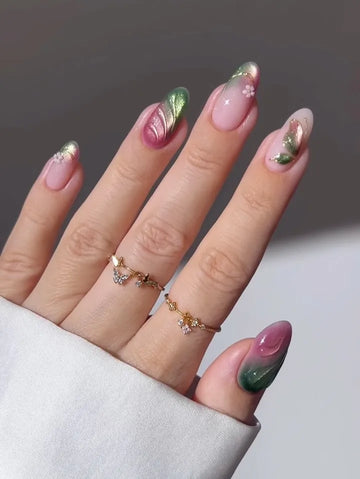 Handmade Pink Green Chrome Ombre Floral Butterfly Spring Press on Nails F61