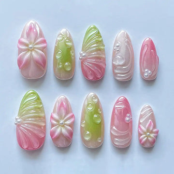 Handmade Pink Green Flower Pearl Dew Drop Spring Press on Nails X23
