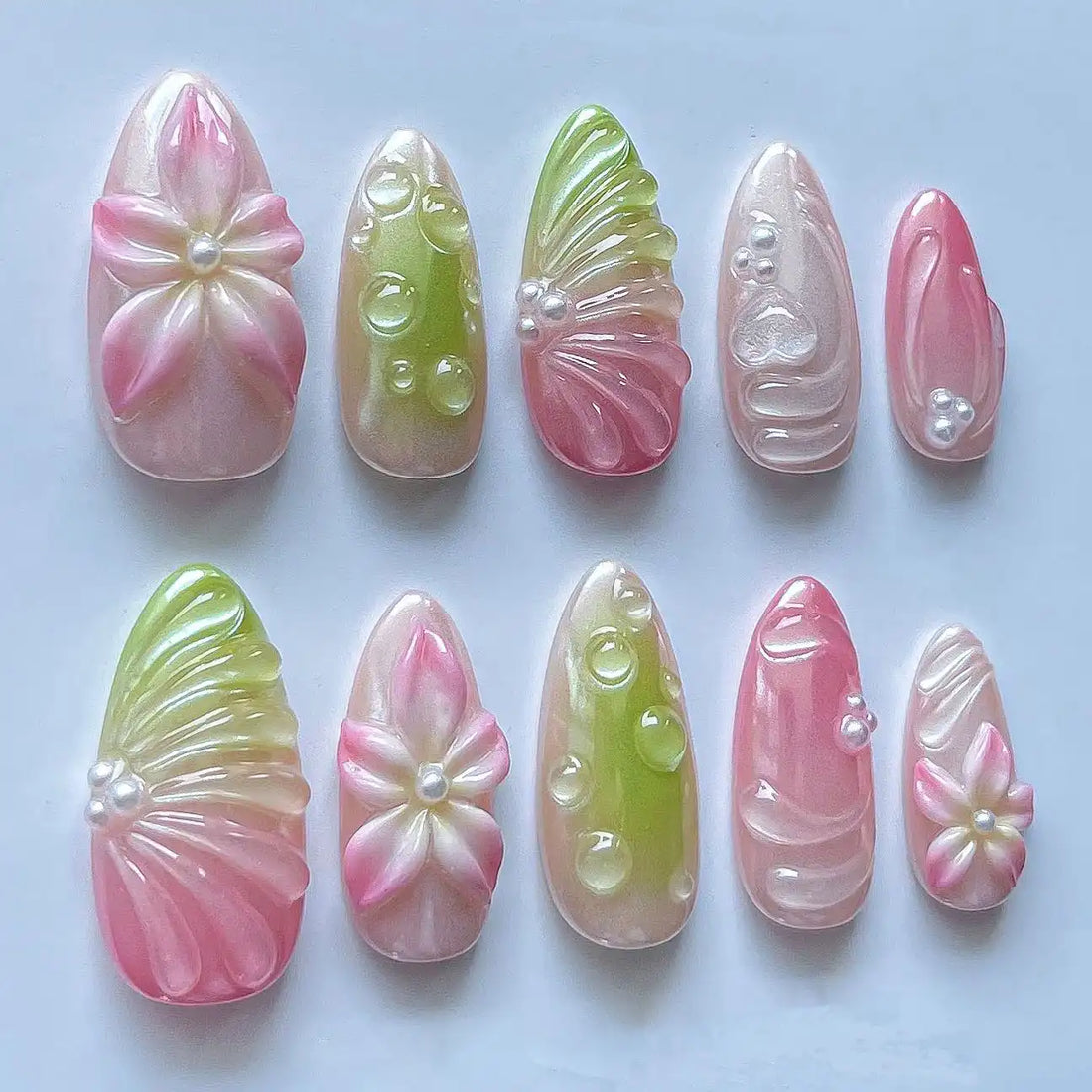 Handmade Pink Green Flower Pearl Dew Drop Spring Press on Nails X23