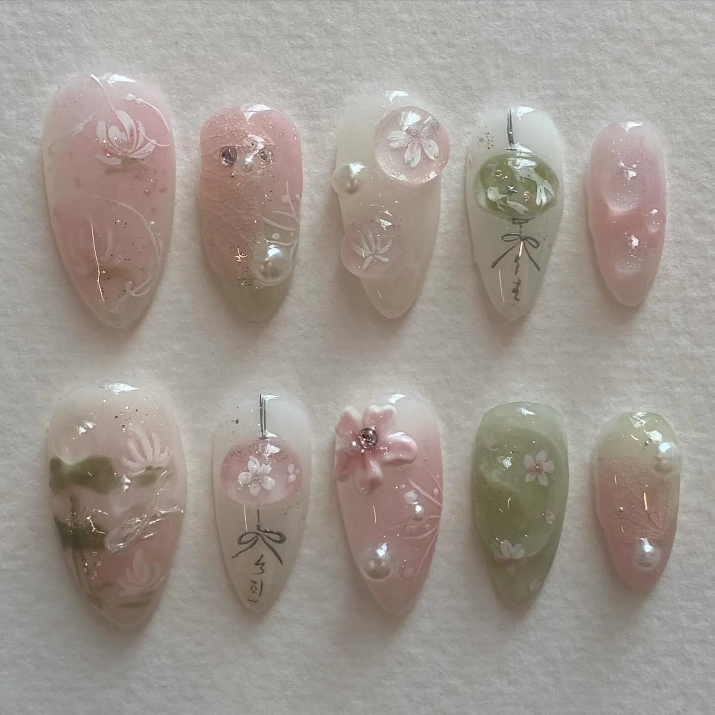 Handmade Pink Green Japanese Cherry Blossom Press on Nails E97