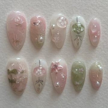 Handmade Pink Green Japanese Cherry Blossom Press on Nails E97