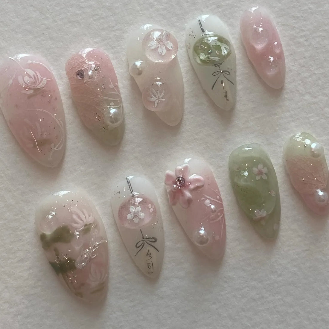 Handmade Pink Green Japanese Cherry Blossom Press on Nails E97