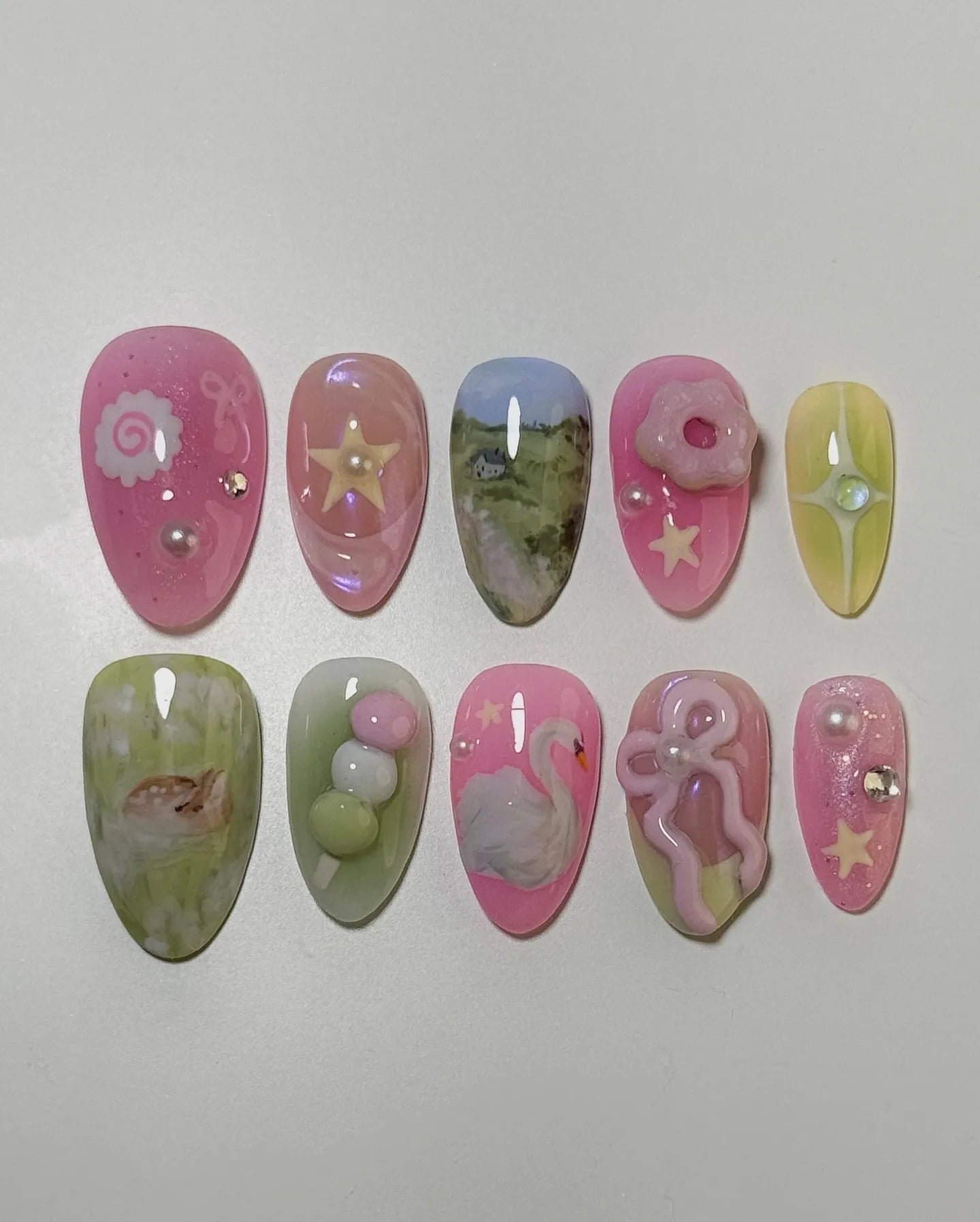 Handmade Pink Green Landscape Swan Deer Bow Press on Nails B89