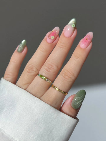 Handmade Pink Green Ombre Floral Swirl Spring Garden Press on Nails Z16