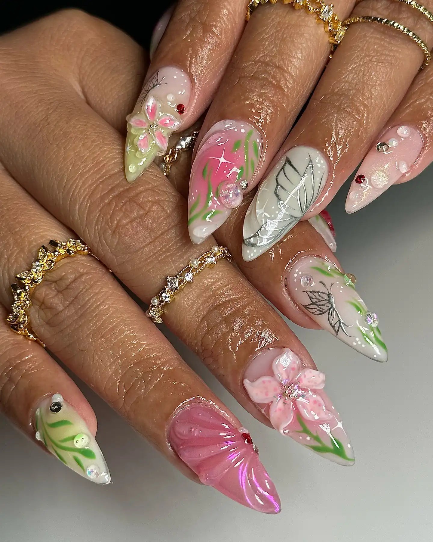 Handmade Pink Green White 3D Flower Butterfly Kawaii Press on Nails V04