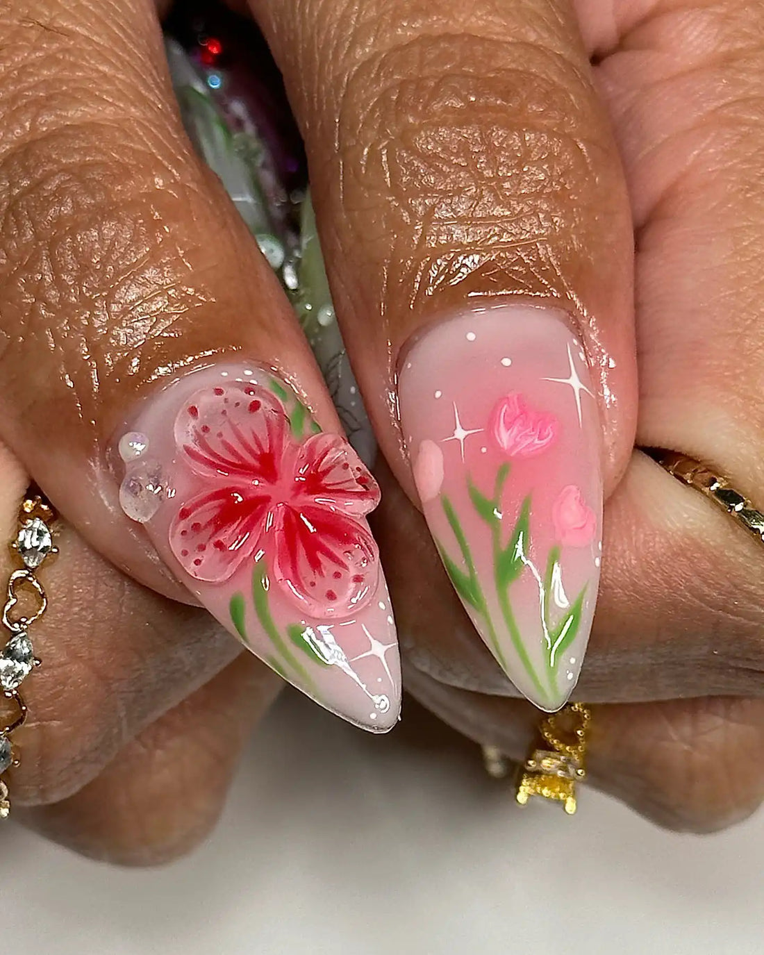 Handmade Pink Green White 3D Flower Butterfly Kawaii Press on Nails V04