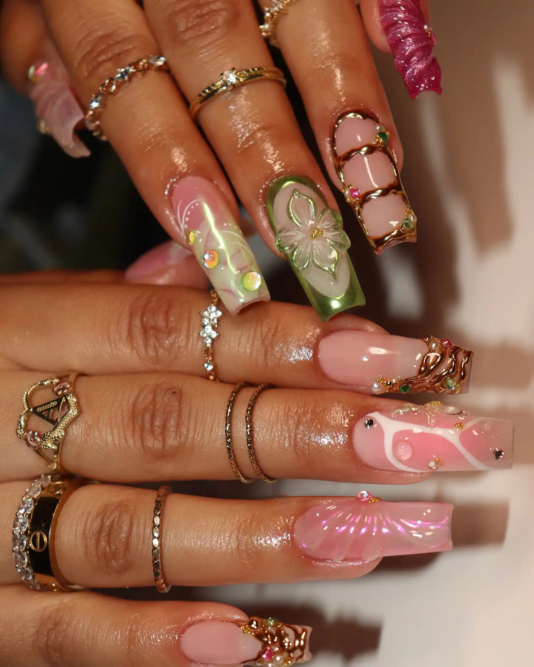 Handmade Pink Green White 3D Flower Chrome Press on Nails V48