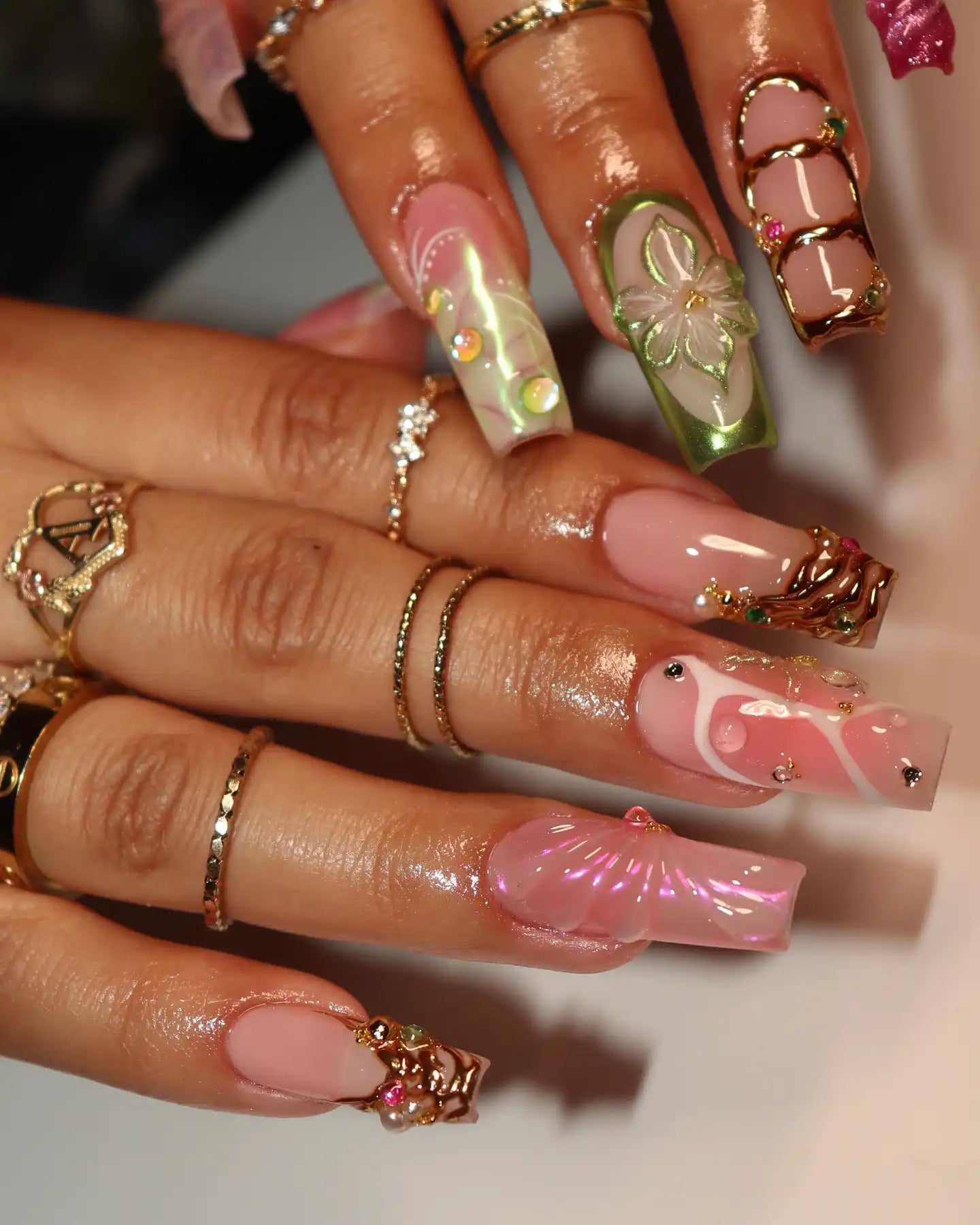 Handmade Pink Green White 3D Flower Chrome Press on Nails V48