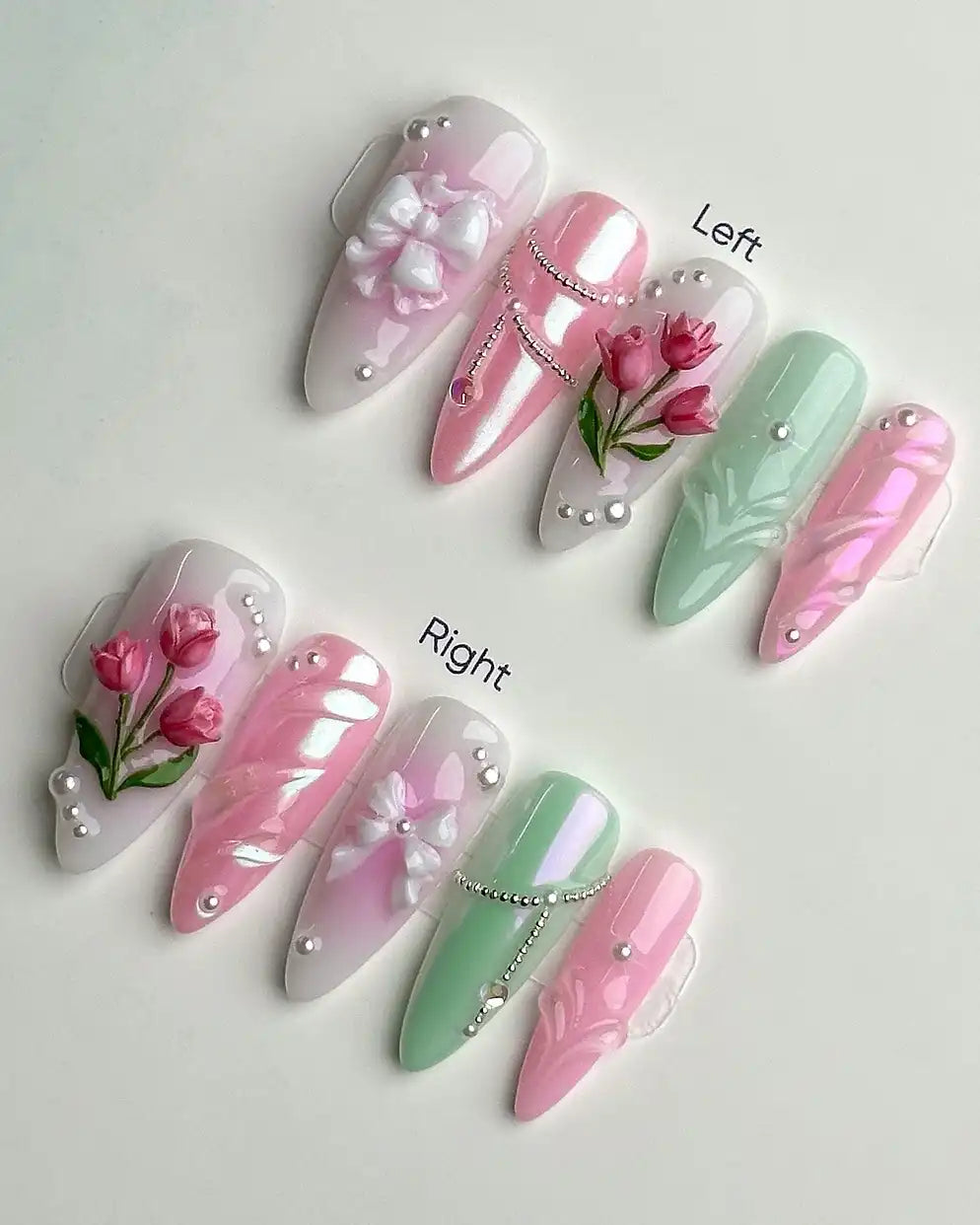 Handmade Pink Green White Tulip Flower Pearl Bow Spring Press on Nails R39