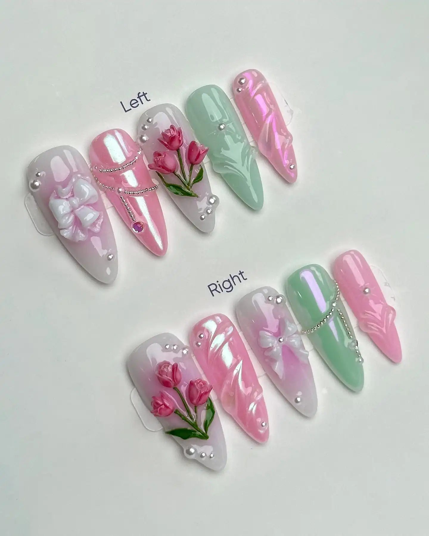 Handmade Pink Green White Tulip Flower Pearl Bow Spring Press on Nails R39