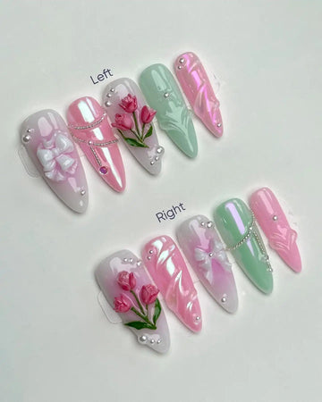 Handmade Pink Green White Tulip Flower Pearl Bow Spring Press on Nails R39