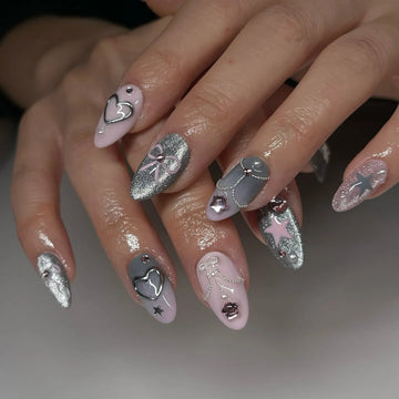 Handmade Pink Grey Chrome Glitter 3D Heart Star Y2K Style Press on Nails K63