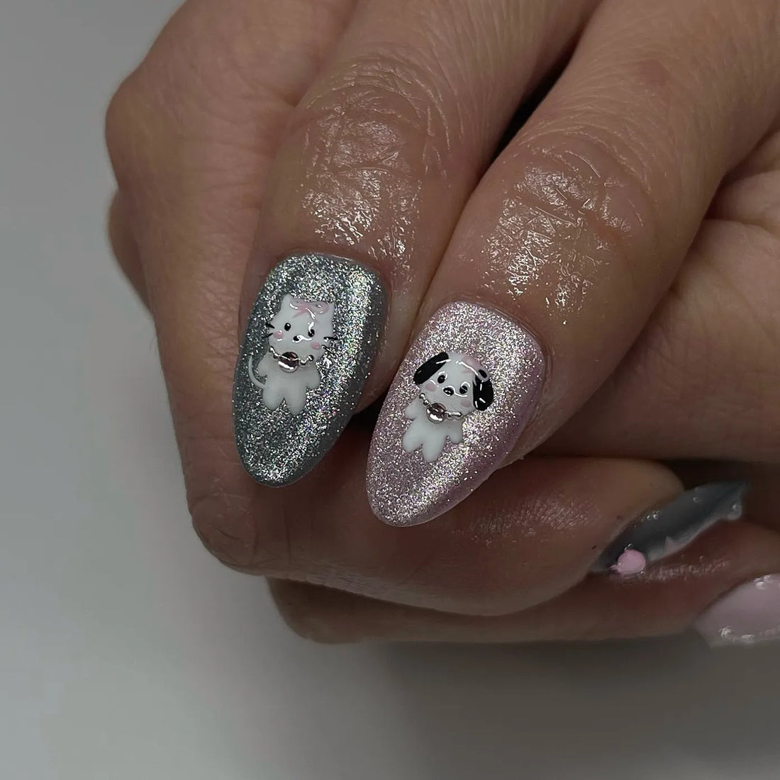 Handmade Pink Grey Chrome Glitter 3D Heart Star Y2K Style Press on Nails K63