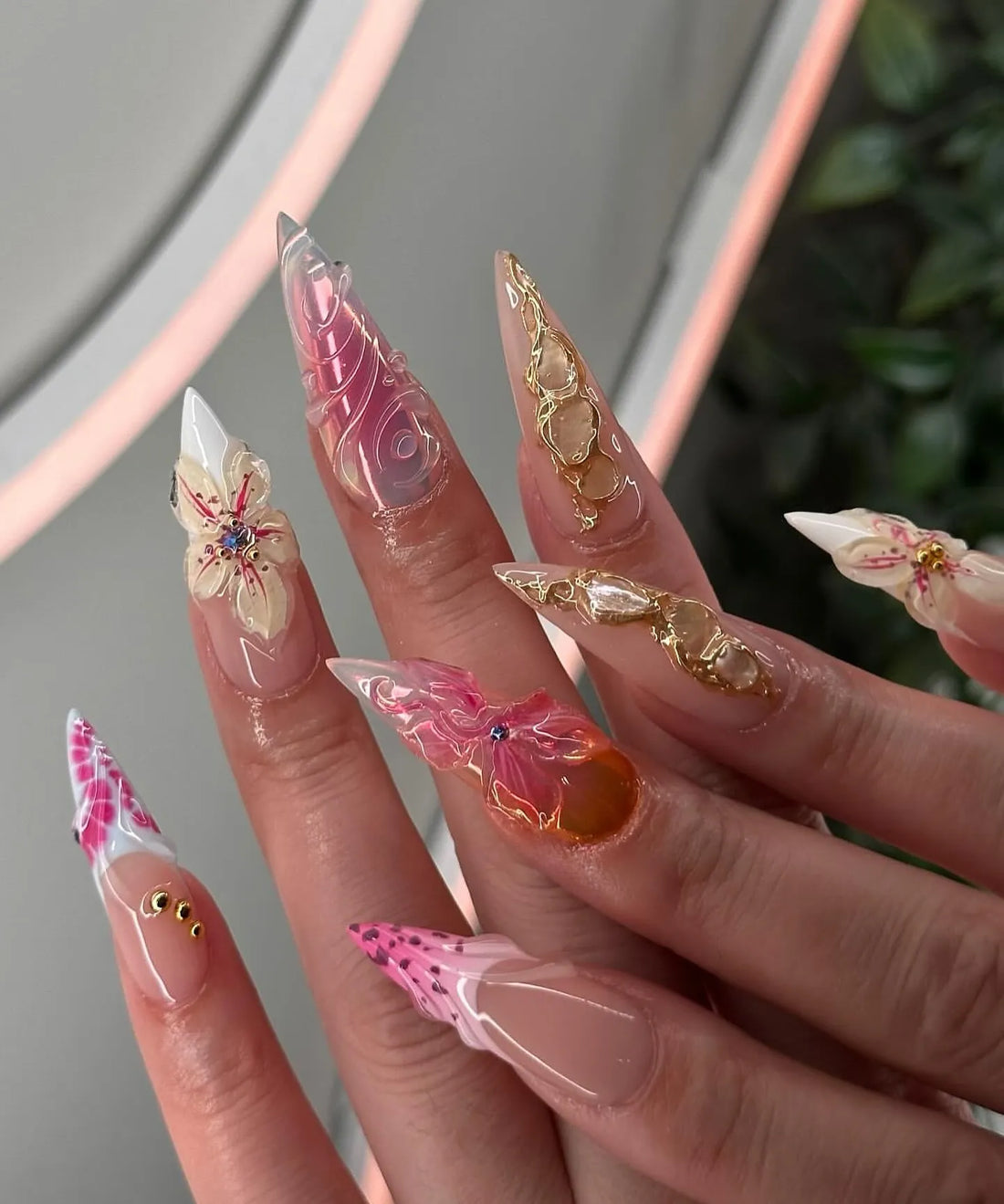 Handmade Pink Holographic Sculpted Butterfly Gold Foil Press on Nails A93