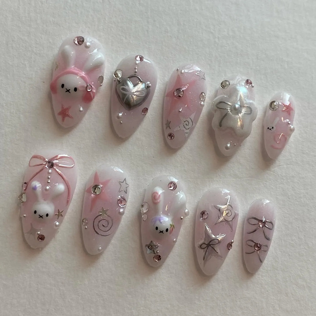 Handmade Pink Kawaii Bunny Star Bow Pearl Fairycore Bling Press on Nails X81