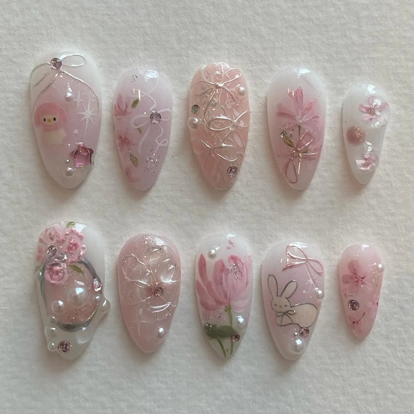 Handmade Pink Kawaii Character Floral Press on Nails B88