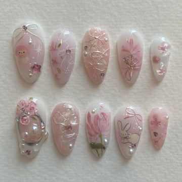 Handmade Pink Kawaii Character Floral Press on Nails B88
