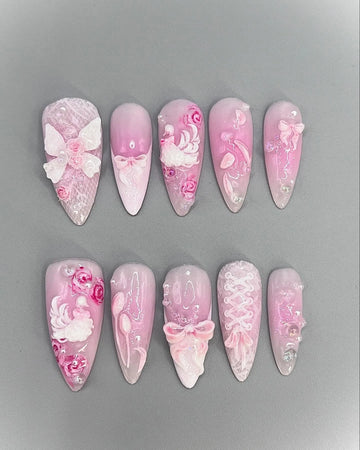 Handmade Pink Lace Bow Rose Swan Coquette Ballerina Core Press on Nails P09