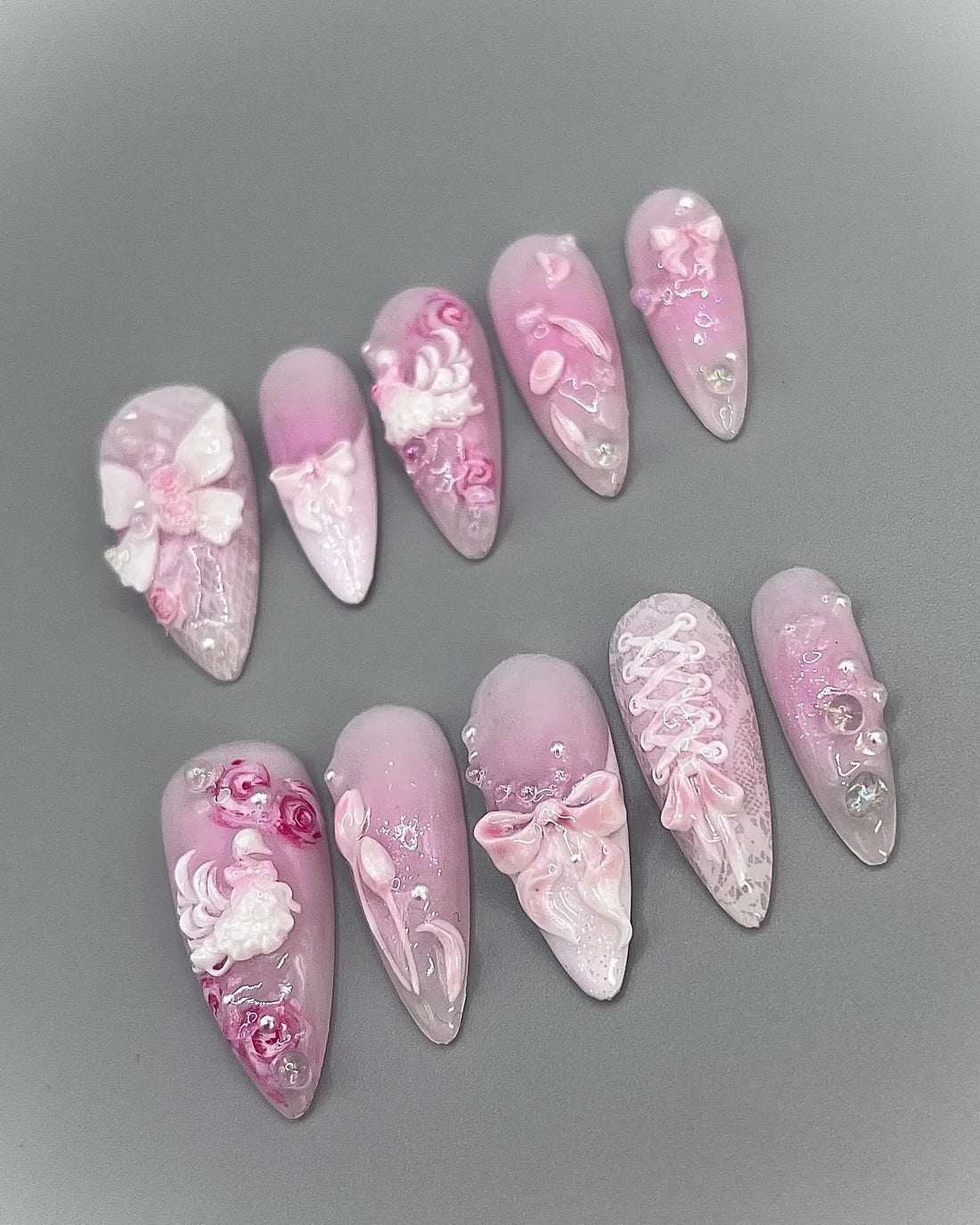 Handmade Pink Lace Bow Rose Swan Coquette Ballerina Core Press on Nails P09