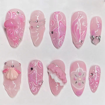 Handmade Pink Mermaid Jellyfish Seashell Rhinestone Fairycore Press on Nails Y47