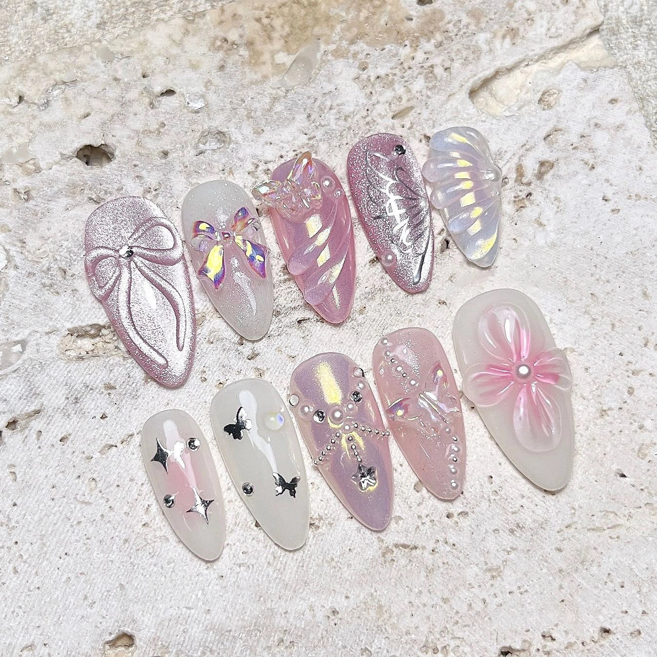 Handmade pink mermaid and butterfly 3D press-on nails with pearls and rhinestones