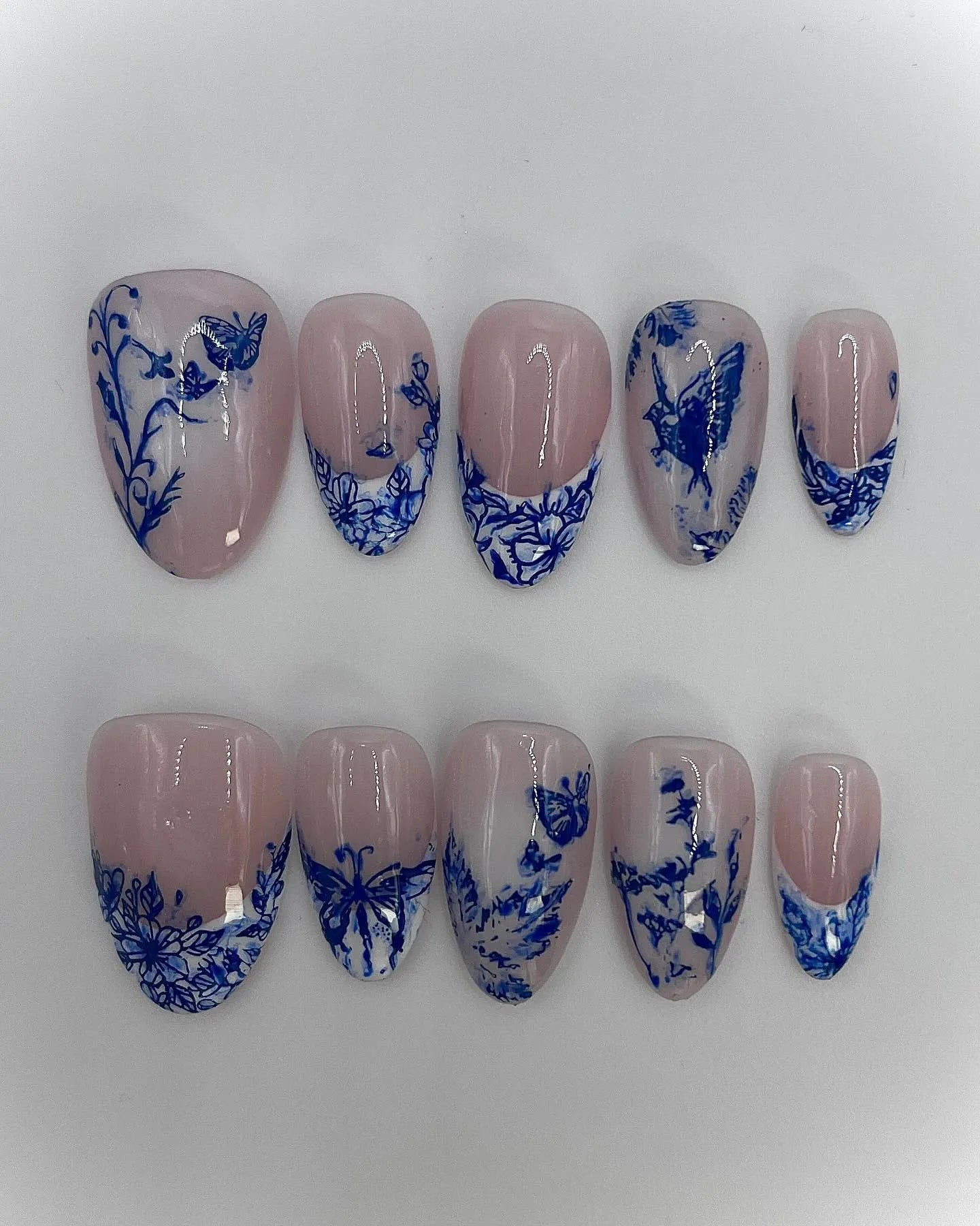 Handmade Pink Nude Blue Floral Butterfly Spring Garden Art Press on Nails F32
