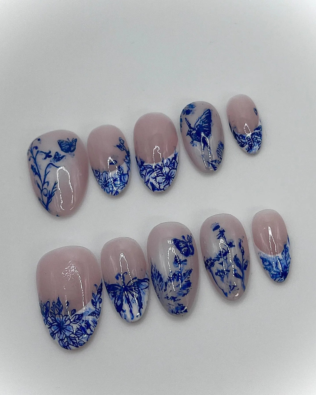 Handmade Pink Nude Blue Floral Butterfly Spring Garden Art Press on Nails F32