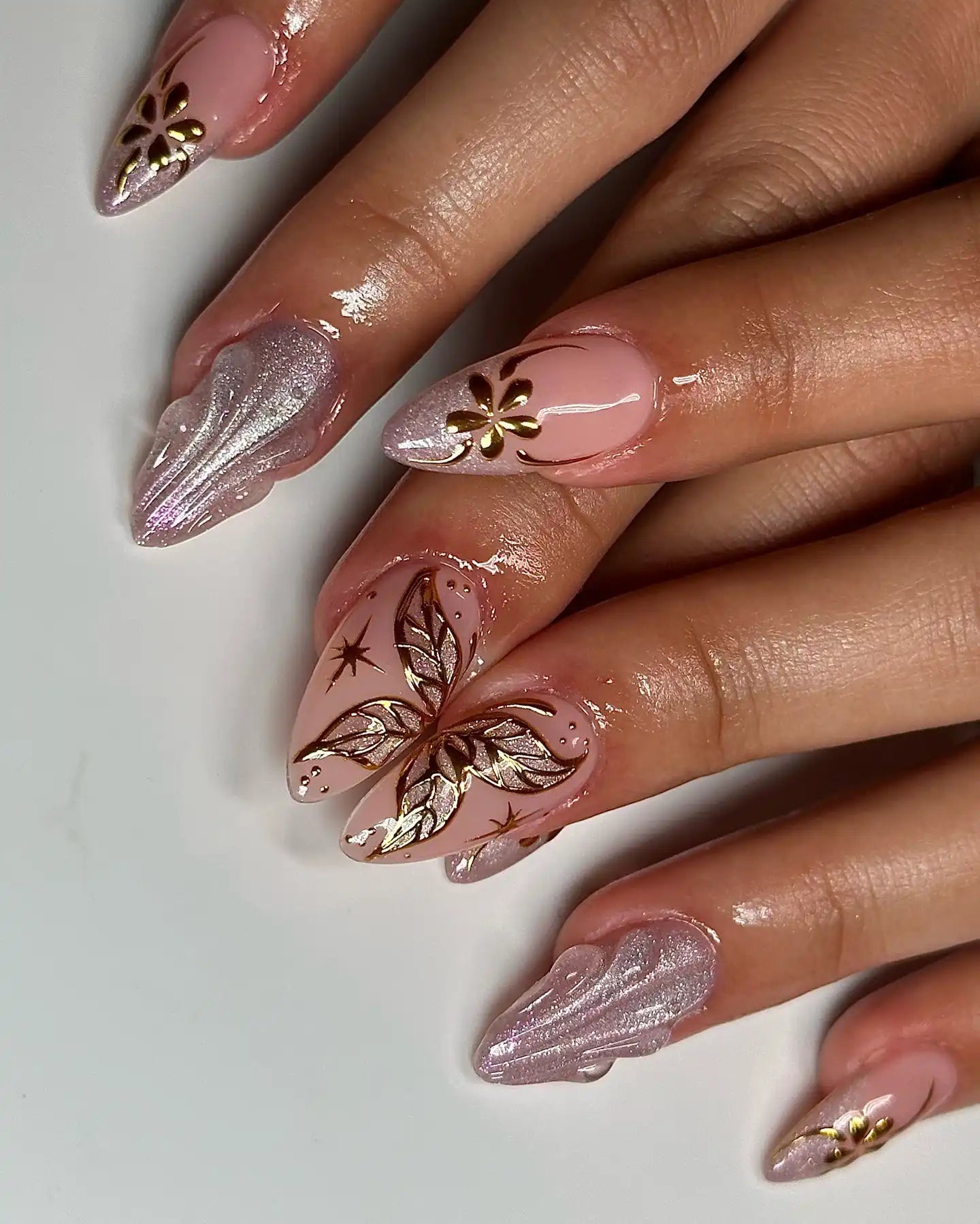Handmade Pink Nude Butterfly Gold Chrome Fairy Dust Press on Nails U97