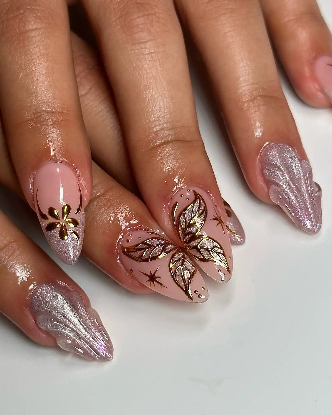Handmade Pink Nude Butterfly Gold Chrome Fairy Dust Press on Nails U97