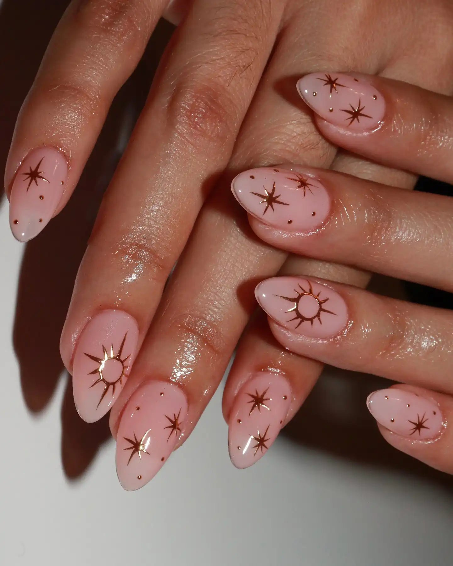 Handmade Pink Nude Gold Starburst Witchy Press on Nails N55