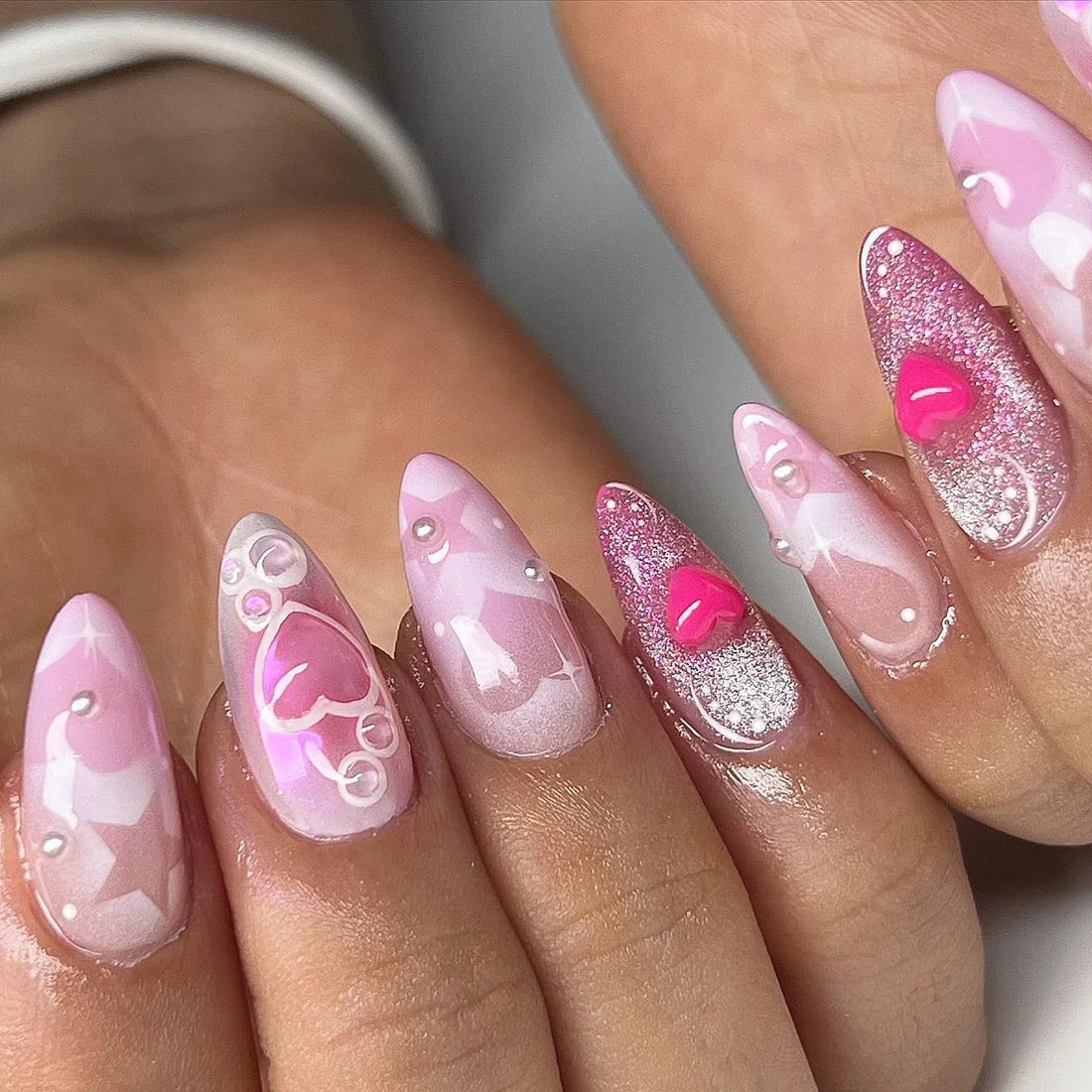 Handmade Pink Ombre Dreamy Valentine Heart Press on Nails A85