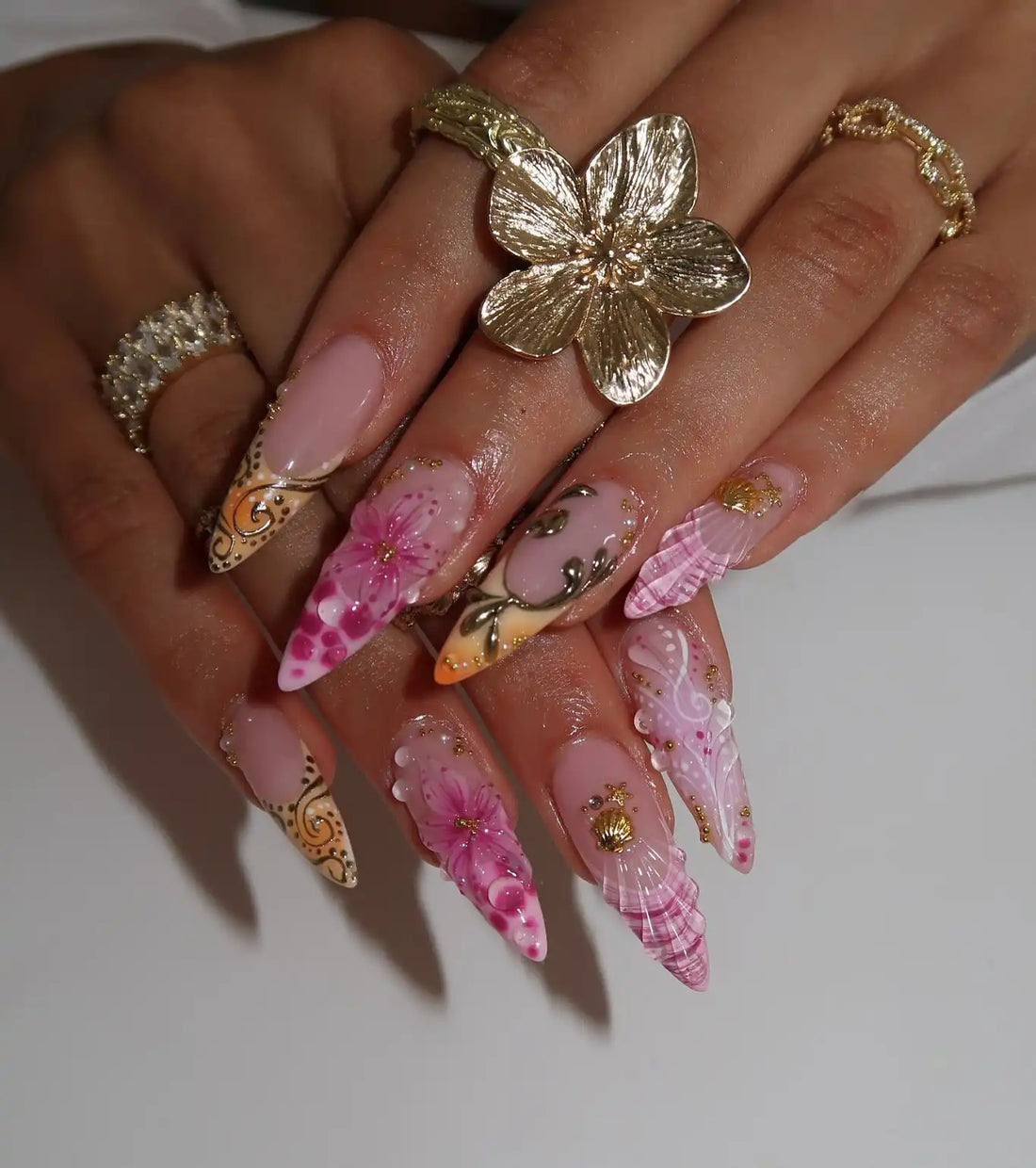 Handmade Pink Ombre Floral Gold Seashell Water Drop Cute Press on Nails Y70