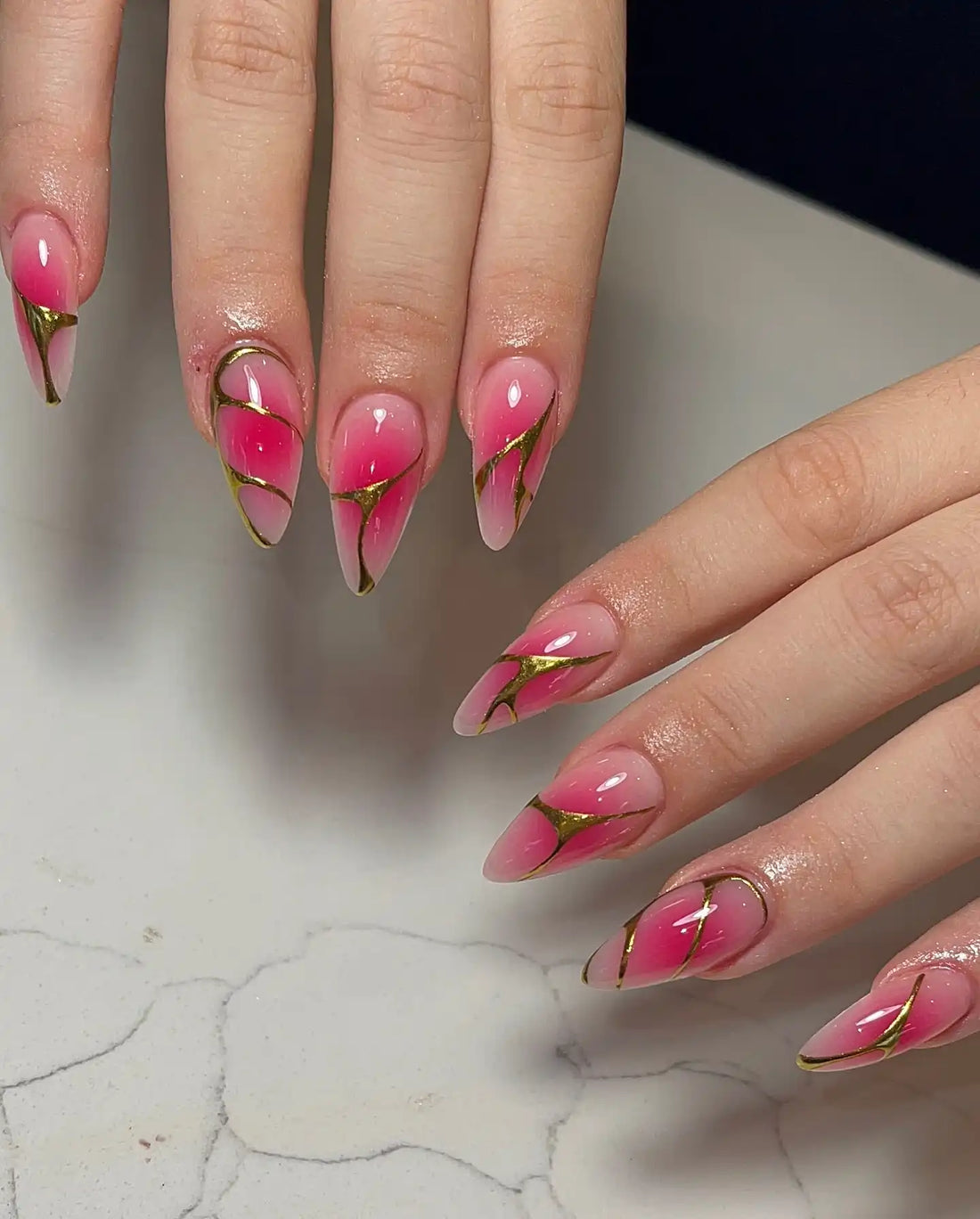 Handmade Pink Ombre Gold Lined Edgy Glossy Glam Press on Nails P52
