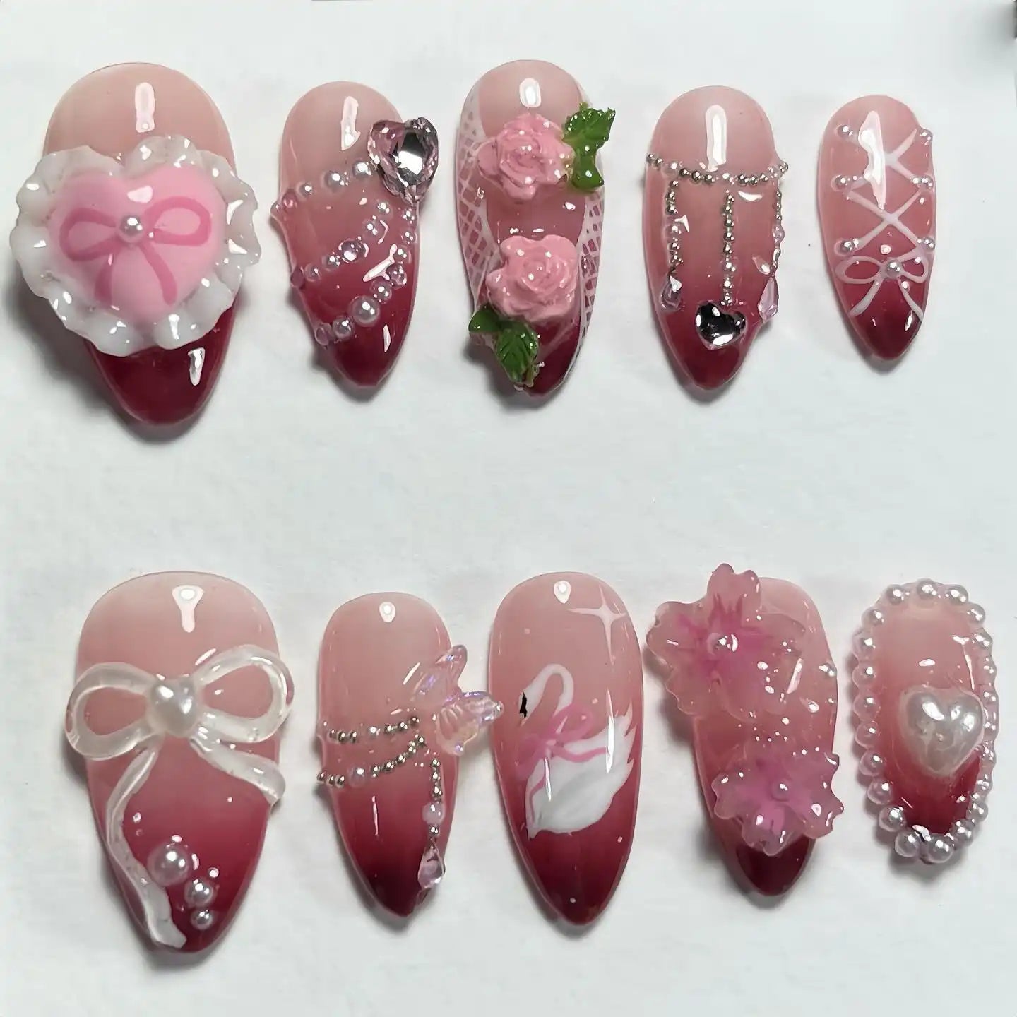 Handmade Pink Romantic 3D Bow Rose Rhinestone Charm Press on Nails C24