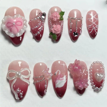 Handmade Pink Romantic 3D Bow Rose Rhinestone Charm Press on Nails C24