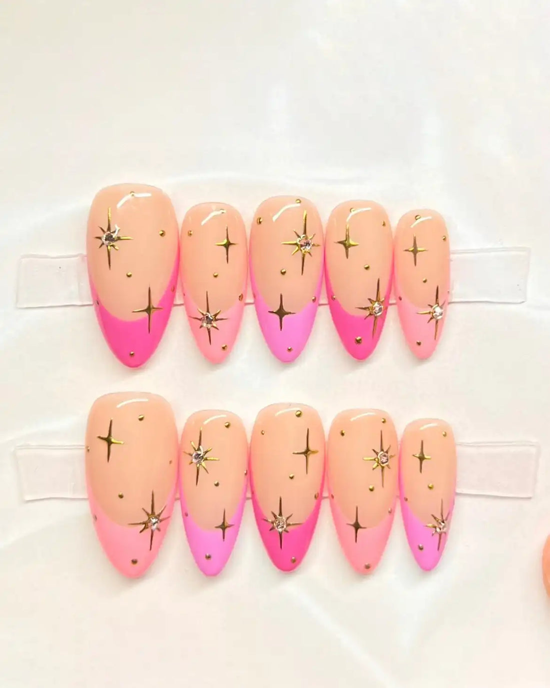 Handmade Pink Ombre Star Gold Celestial French Tip Press on Nails O02