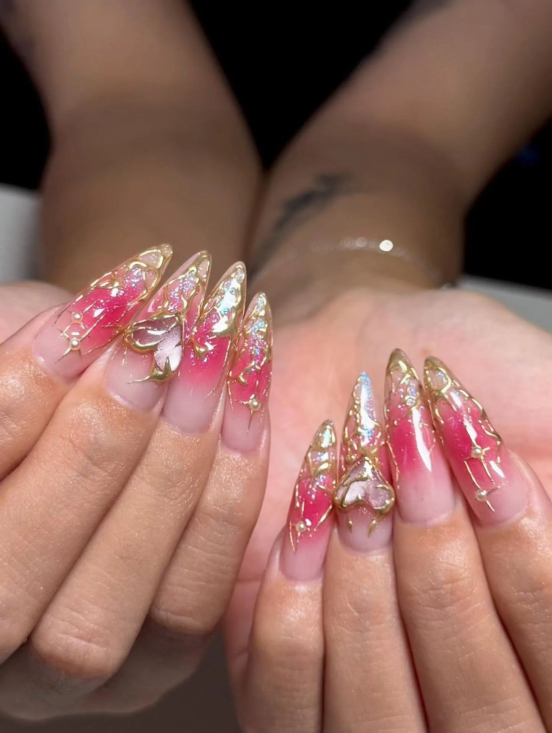 Handmade Pink Ombre Sweet Heart Gold Drip Metallic Charm Press on Nails Y38