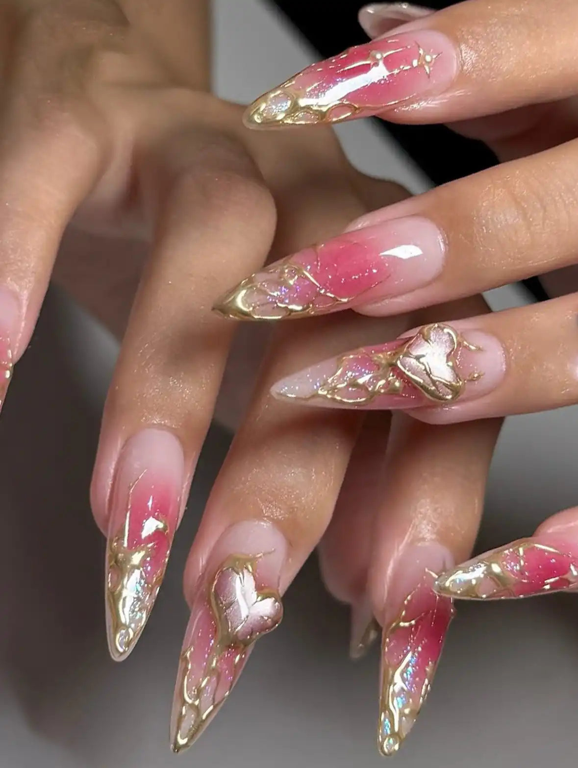 Handmade Pink Ombre Sweet Heart Gold Drip Metallic Charm Press on Nails Y38