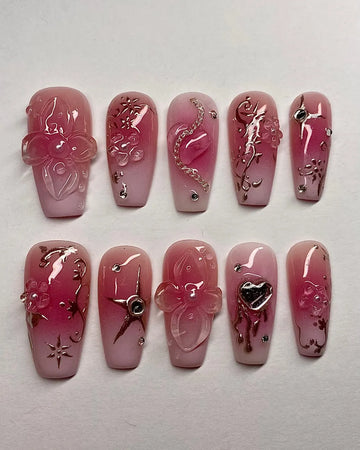 Handmade Pink Ombre Sweet 3D Flower Chrome Heart Press on Nails X53