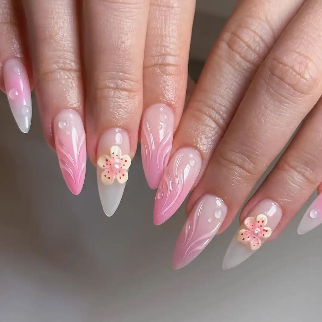 Handmade Pink Ombre Tip and Yellow Blossom Press on Nails V47