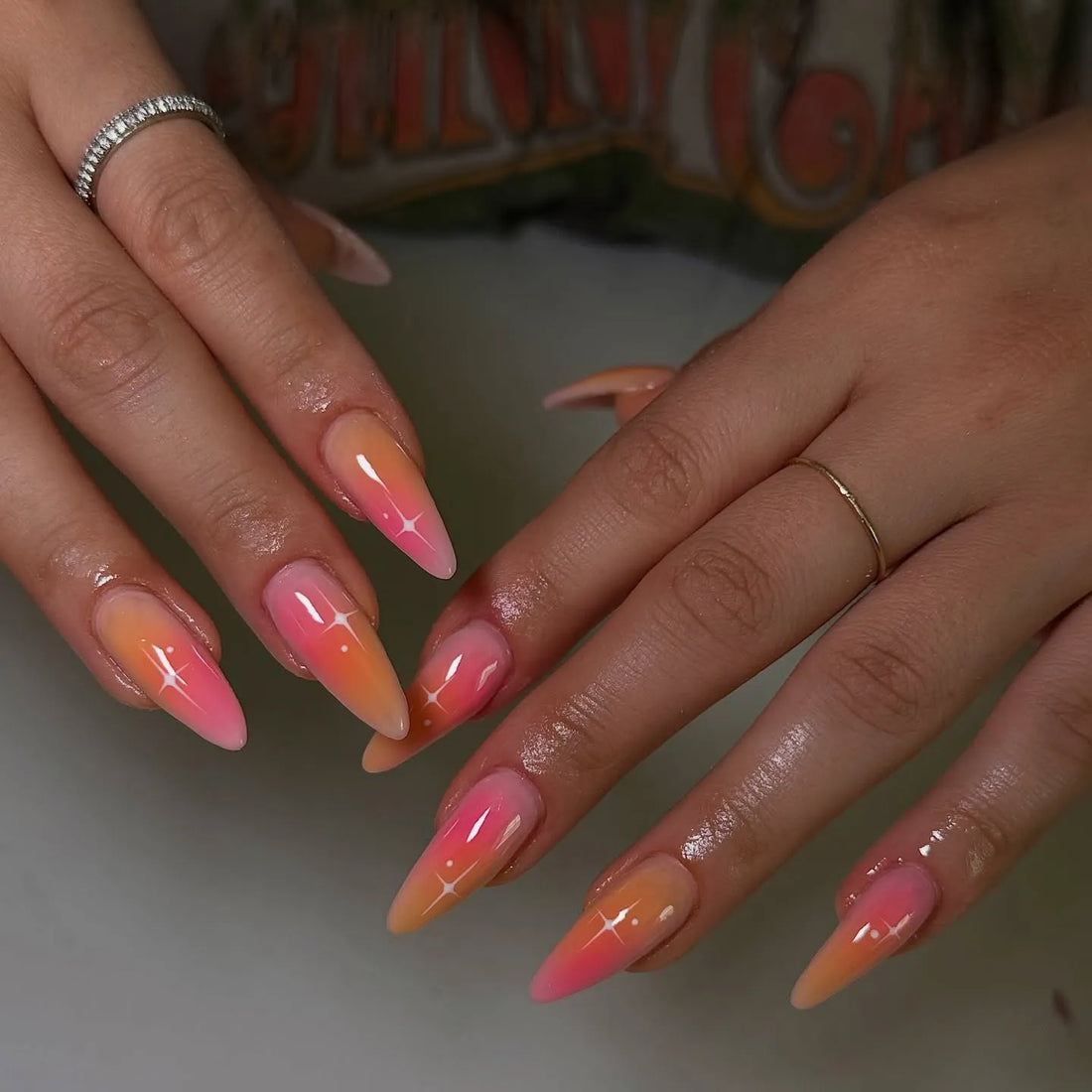 Handmade Pink Orange Sunset Ombre Glitter Celestial Summer Press on Nails P86