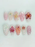 Handmade pink orchid 3D iridescent pearl press-on nails with floral art design