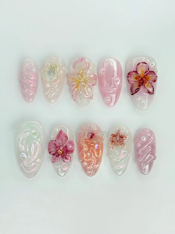 Handmade pink orchid 3D iridescent pearl press-on nails with floral art design