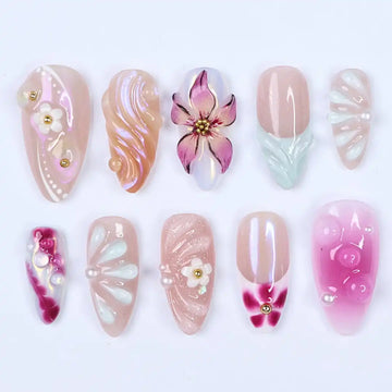Handmade Pink Pearl Floral Iridescent Elegant 3D Bloom Press on Nails X44